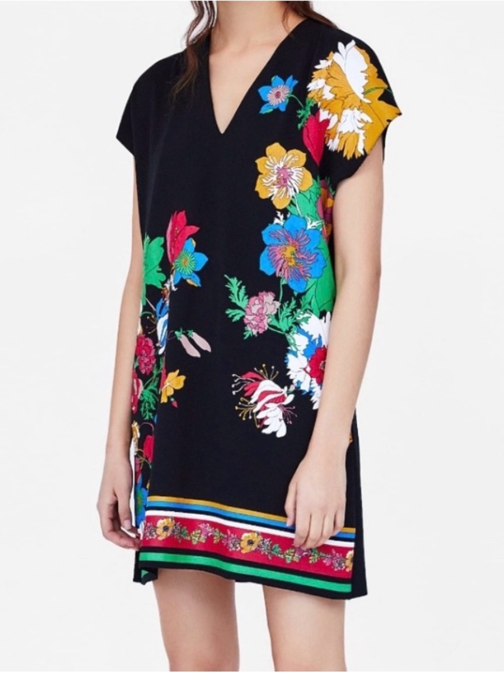 Zara Black Mini Dress with Multicolor Floral Print
